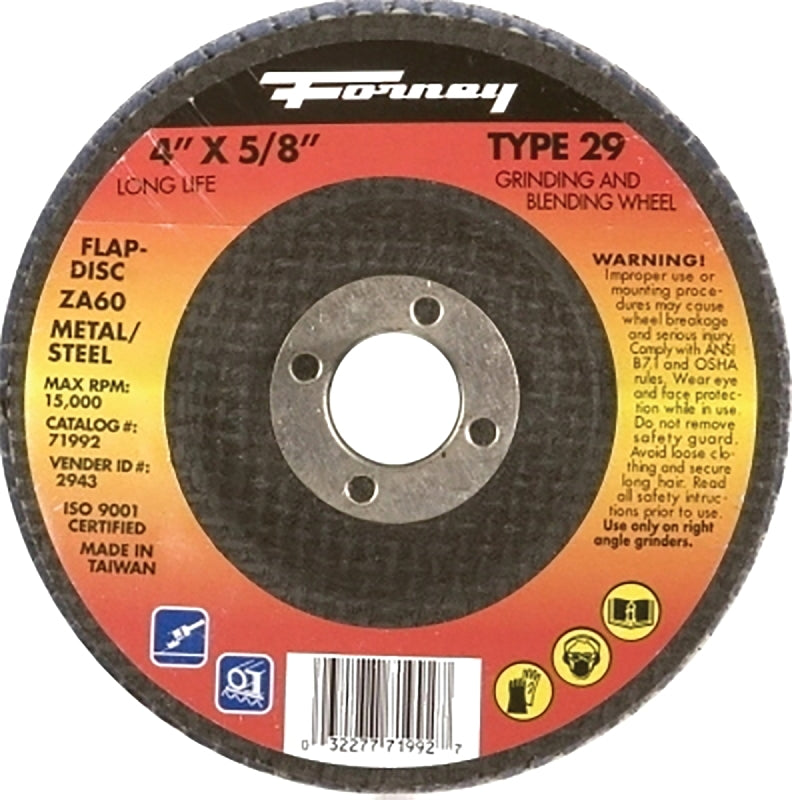 Forney 71992 Flap Disc, 4 in Dia, 5/8 in Arbor, 60 Grit, Medium, Alumina Zirconium Abrasive, Fiberglass Backing
