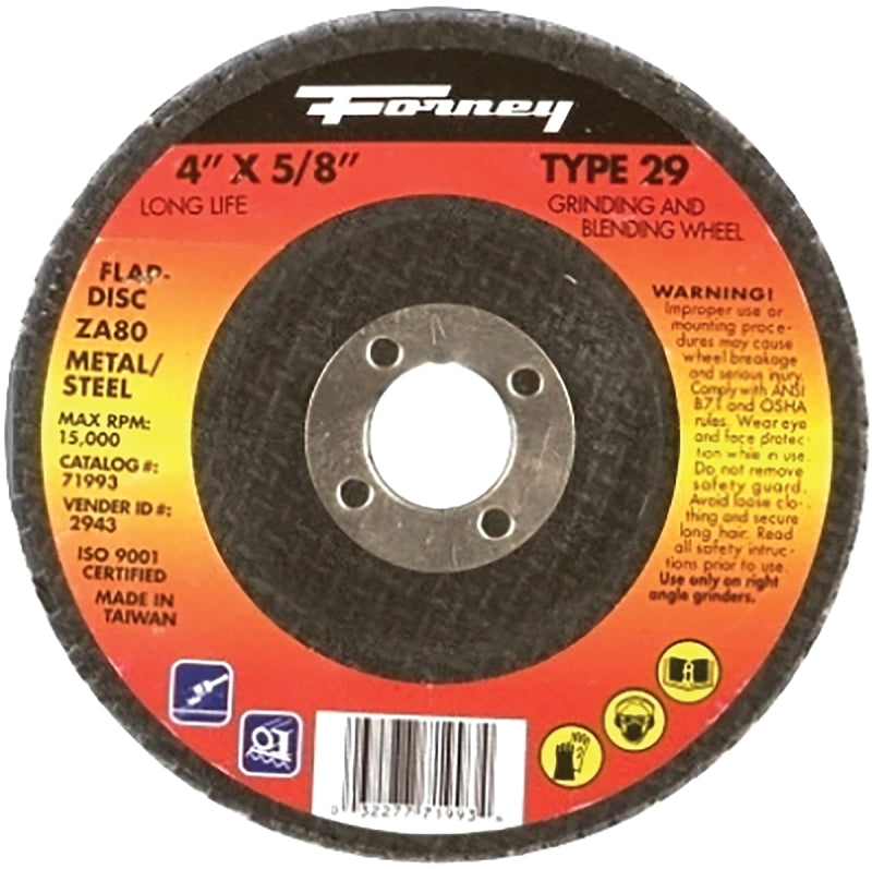 Forney 71993 Flap Disc, 4 in Dia, 5/8 in Arbor, 80 Grit, Fine, Zirconium Alumina Abrasive, Fiberglass Backing