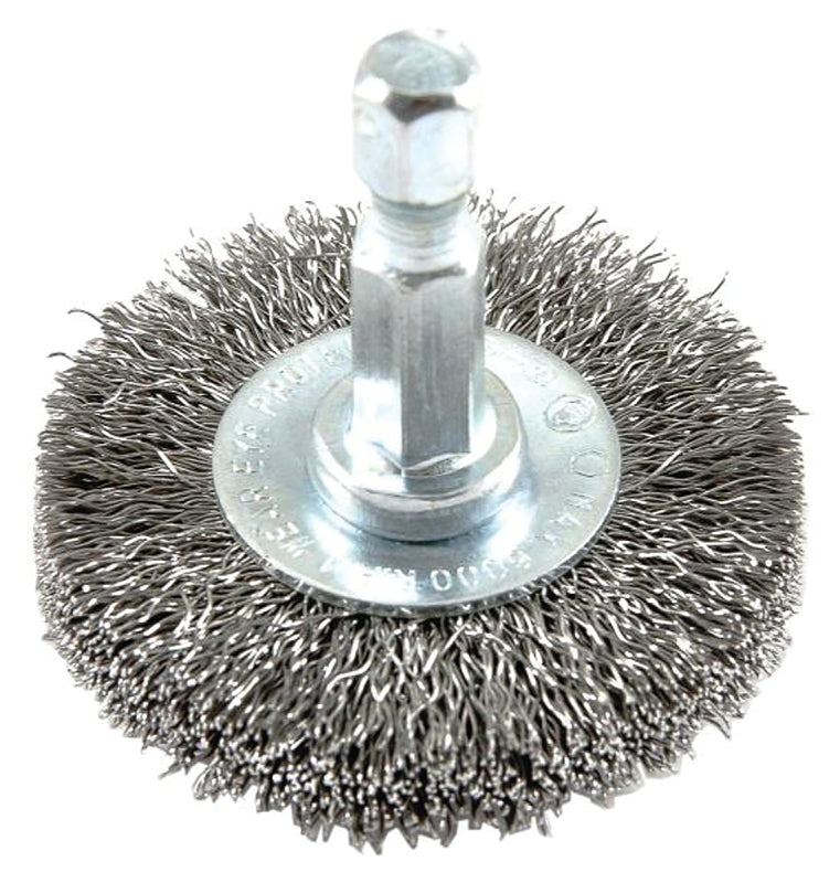 Forney 72726 Wire Wheel Brush, 1-1/2 in Dia, 1/4 in Arbor/Shank, Crimped Bristle, 0.008 in Dia Bristle, Steel Bristle