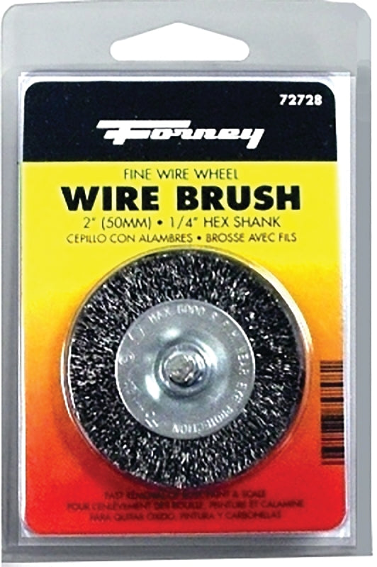 Forney 72728 Wire Wheel Brush, 2 in Dia, 1/4 in Arbor/Shank, Crimped Bristle, 0.008 in Dia Bristle, Steel Bristle