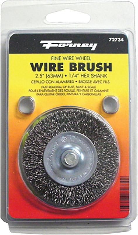 Forney 72734 Wire Wheel Brush, 2-1/2 in Dia, 1/4 in Arbor/Shank, Crimped Bristle, 0.008 in Dia Bristle, Steel Bristle