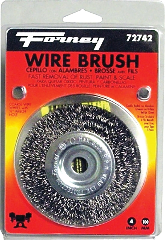 Forney 72742 Wire Wheel Brush, 4 in Dia, 1/2 in Arbor/Shank, Crimped Bristle, 0.012 in Dia Bristle, Steel Bristle