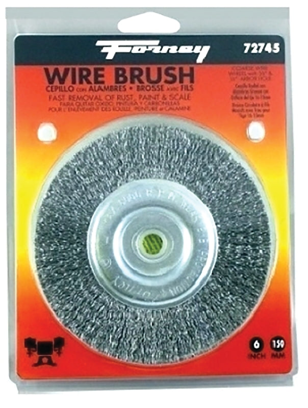 Forney 72745 Wire Wheel Brush, 6 in Dia, 1/2 to 5/8 in Arbor/Shank, Crimped Bristle, 0.012 in Dia Bristle, Steel Bristle