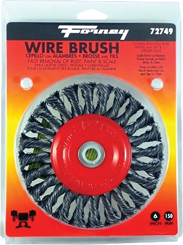 Forney 72749 Wire Wheel Brush, 6 in Dia, 1/2 to 5/8 in Arbor/Shank, Knotted, Twisted Bristle, 0.012 in Dia Bristle
