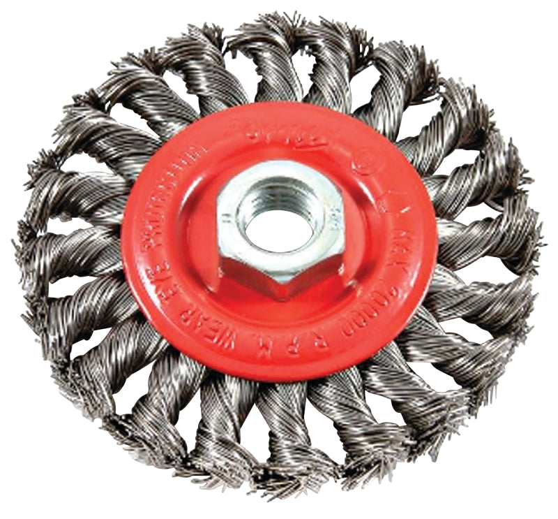 Forney 72759 Wire Wheel Brush, 4 in Dia, 5/8-11 Arbor/Shank, Twist Knot Bristle, 0.02 in Dia Bristle