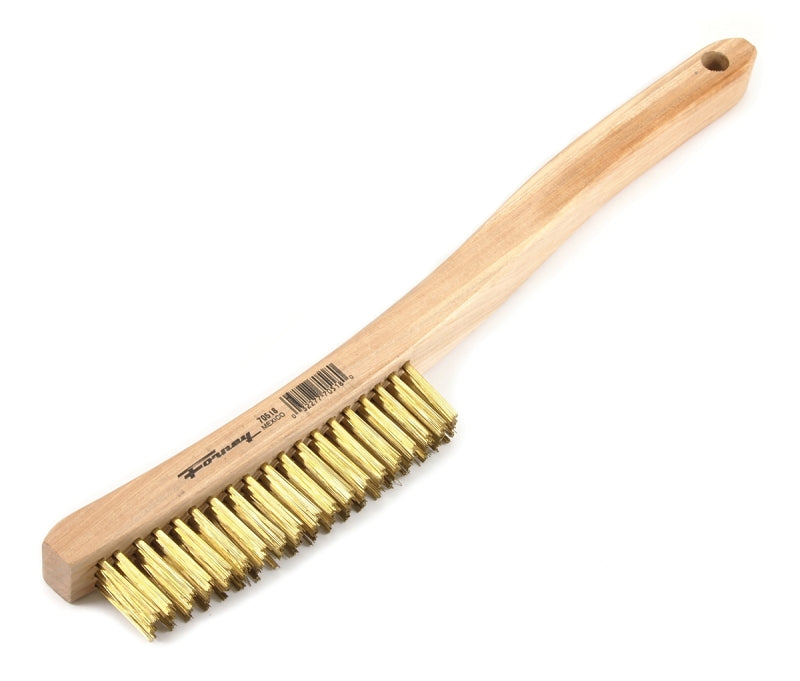 Forney 70518 Scratch Brush, 2-1/4 in W Brush, Brass Bristle, 0.012 in L Trim, Wood Handle, Curved Handle