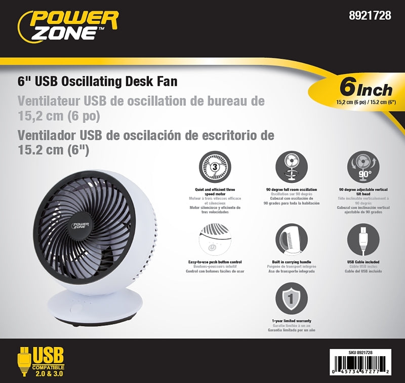 PowerZone QT-U608C USB Oscillating Fan, 5 VAC, 6 in Dia Blade, 3-Speed, 90 deg Rotating, White