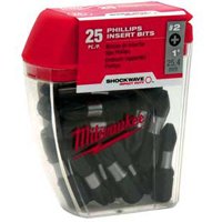 Milwaukee SHOCKWAVE 48-32-4604 Insert Bit, #2 Drive, Phillips Drive, 1/4 in Shank, Hex Shank, 1 in L, Steel, 25/PK