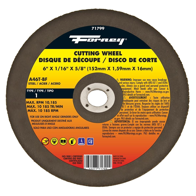 Forney 71799 Cut-Off Wheel, 6 in Dia, 1/16 in Thick, 5/8 in Arbor, 46 Grit, Medium, Aluminum Oxide Abrasive