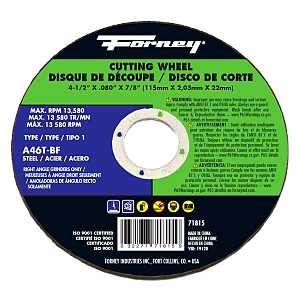 Forney 71815 Cut-Off Wheel, 4-1/2 in Dia, 0.08 in Thick, 7/8 in Arbor, 50 Grit, Coarse, Aluminum Oxide Abrasive