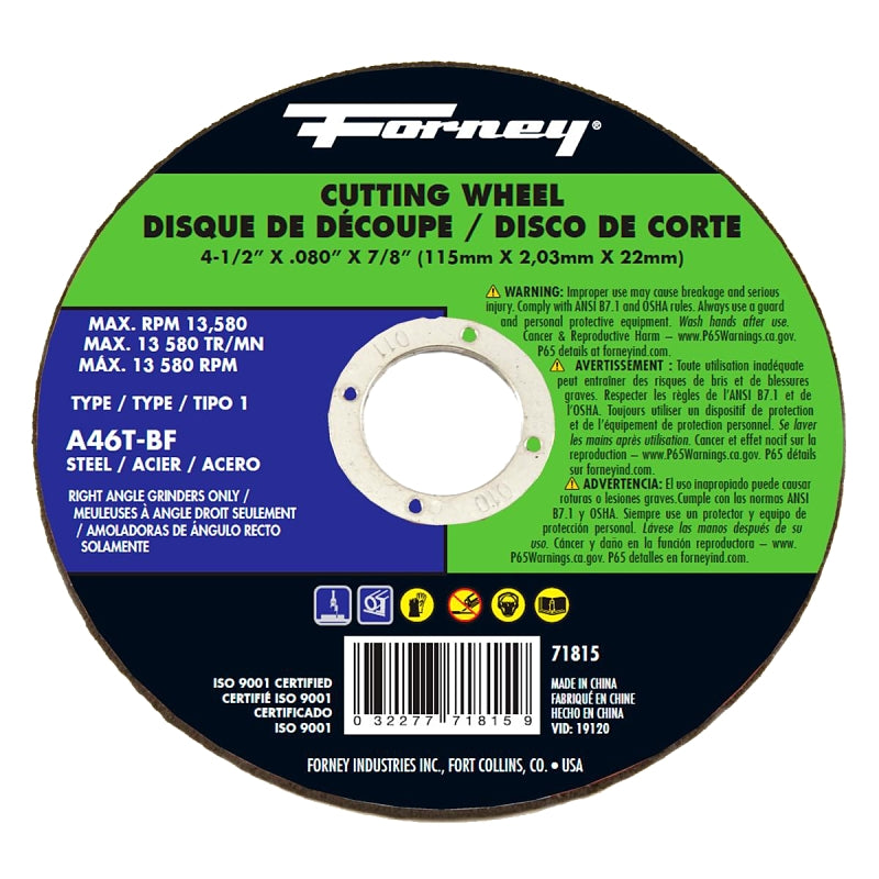 Forney 71815 Cut-Off Wheel, 4-1/2 in Dia, 2/25 in Thick, 7/8 in Arbor, 46 Grit, Medium, Aluminum Oxide Abrasive