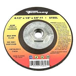 Forney 71818 Grinding Wheel, Applicable Materials: Ferrous Material, 4-1/2 in Dia, 1/8 in Thick, 5/8-11 in Arbor