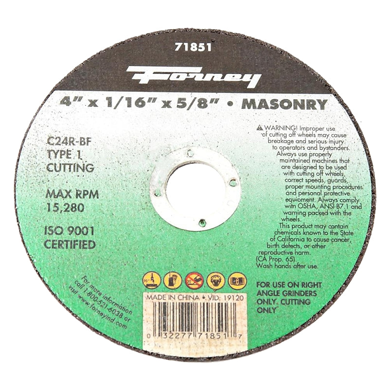 Forney 71851 Cut-Off Wheel, 4 in Dia, 1/16 in Thick, 5/8 in Arbor, 24 Grit, Coarse, Silicone Carbide Abrasive