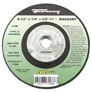Forney 71888 Grinding Wheel, 4-1/2 in Dia, 1/4 in Thick, 5/8-11 Arbor, C24S-BF Grit, Silicon Carbide Abrasive