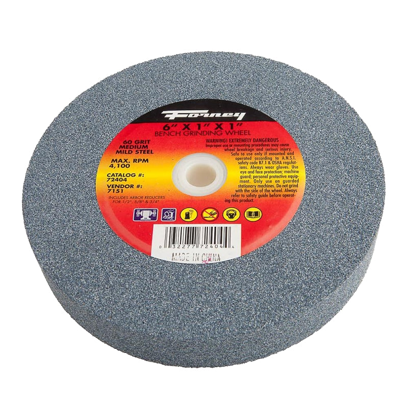 Forney 72404 Bench Grinding Wheel, 6 in Dia, 1 in W, 1 in Arbor, 60 Grit, Medium, Aluminum Oxide Abrasive