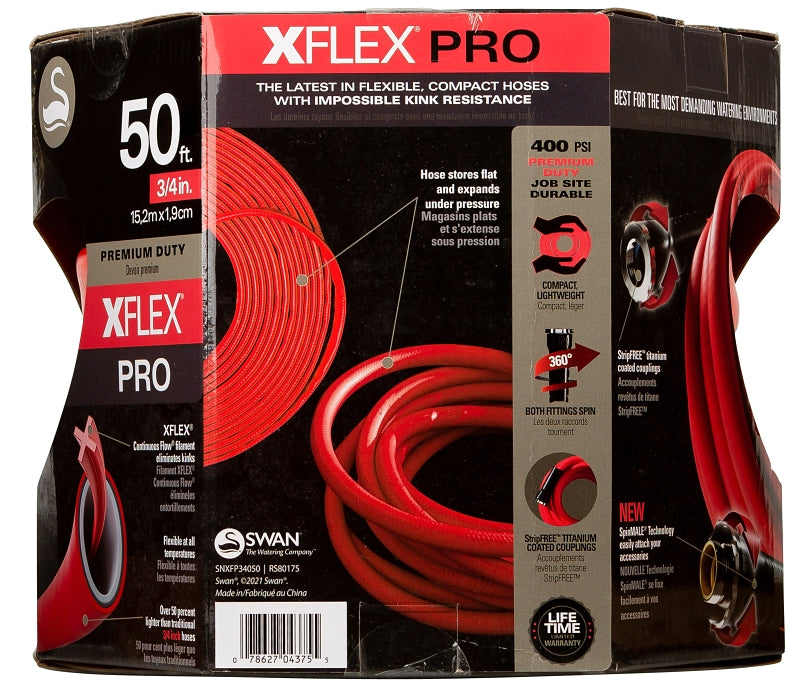 Swan XFlex PRO Series CSNXFP34050 Garden Hose, 3/4 in, 50 ft L, Male x Female, Polyester, Red