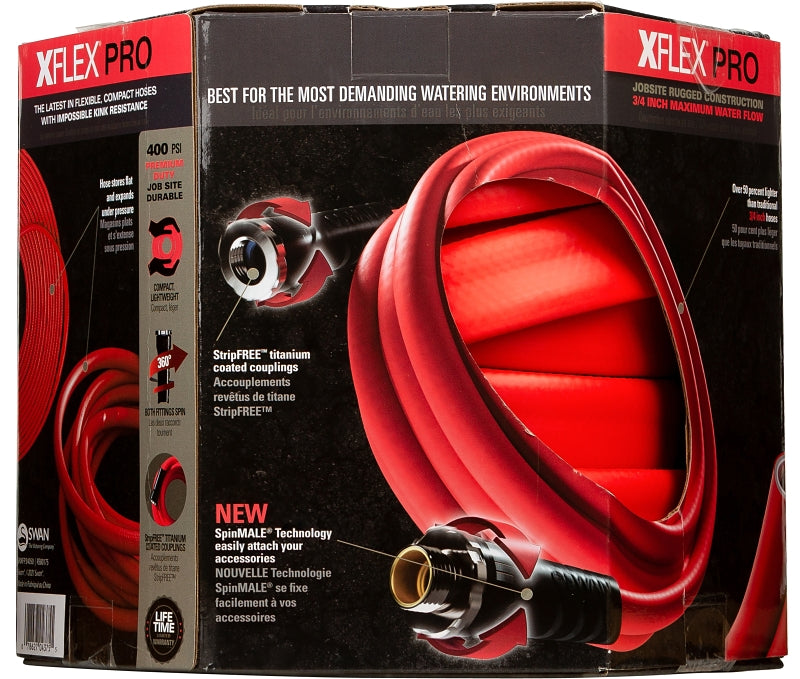 Swan XFlex PRO Series CSNXFP34050 Garden Hose, 3/4 in, 50 ft L, Male x Female, Polyester, Red