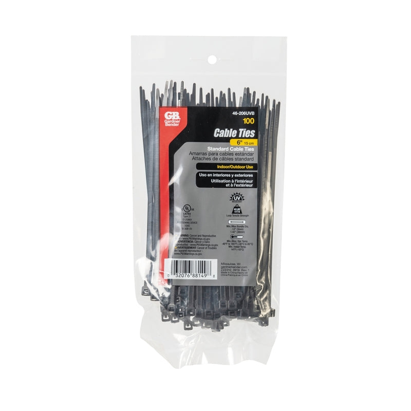 Gardner Bender 46-206UVB Cable Tie, 0.22 in Max Bundle Dia, Double-Lock Locking, 6/6 Nylon, Black, 6 in L, 100/PK