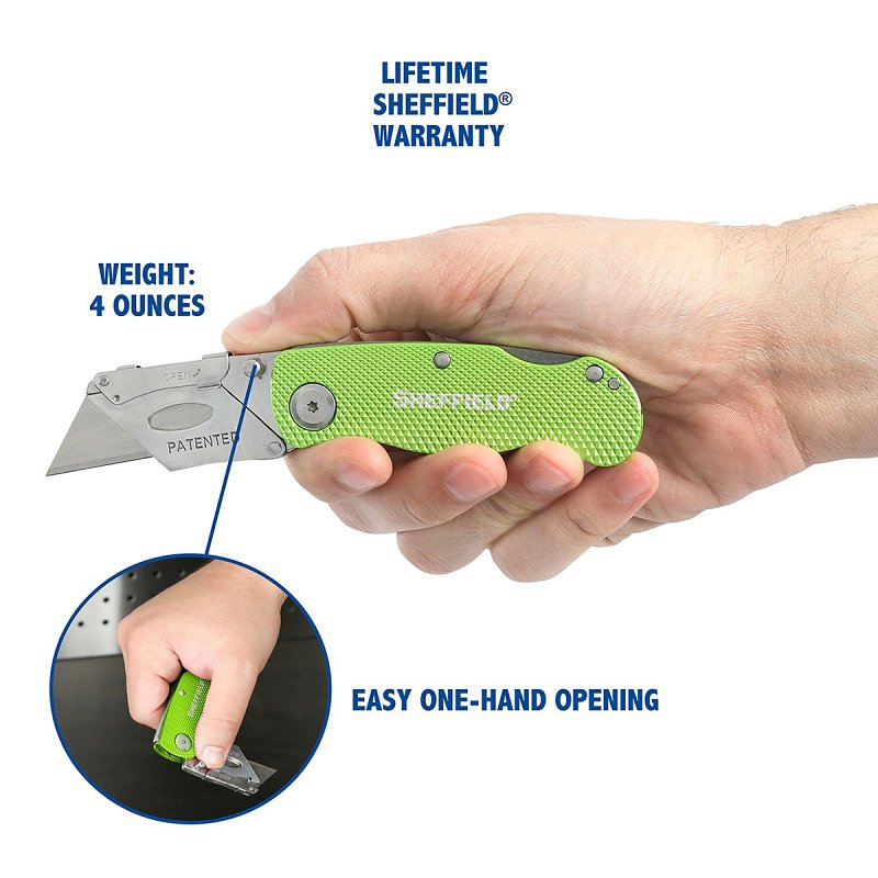Sheffield 12615 Utility Knife, 1-Blade, Hi-Vis Green Handle