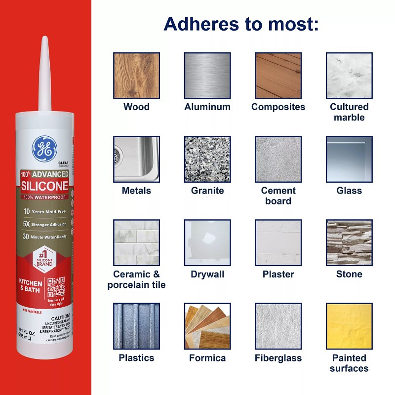 GE Advanced Silicone 2 2812565 Kitchen & Bath Sealant, White, 24 hr Curing, 10.1 fl-oz Cartridge, Pack of 12