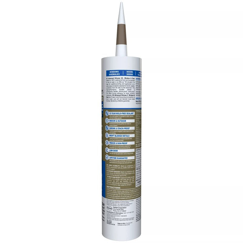 GE Advanced Silicone 2 2813701 Window & Door Sealant, Brown, 24 hr Curing, 10.1 fl-oz Cartridge, Pack of 12