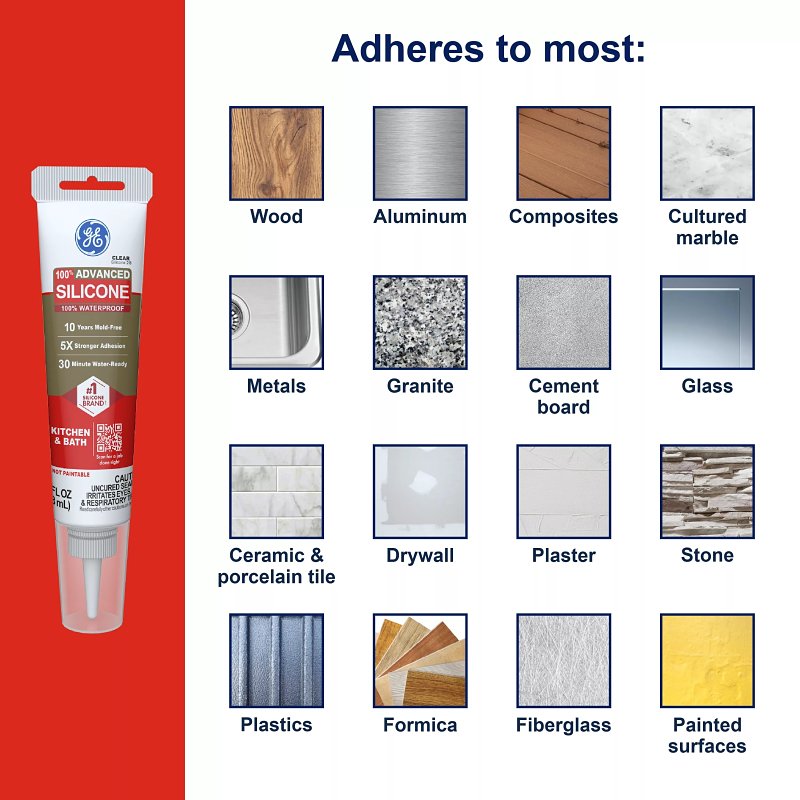 GE Advanced Silicone 2 2812566 Kitchen & Bath Sealant, White, 24 hr Curing, 2.8 fl-oz Squeeze Tube