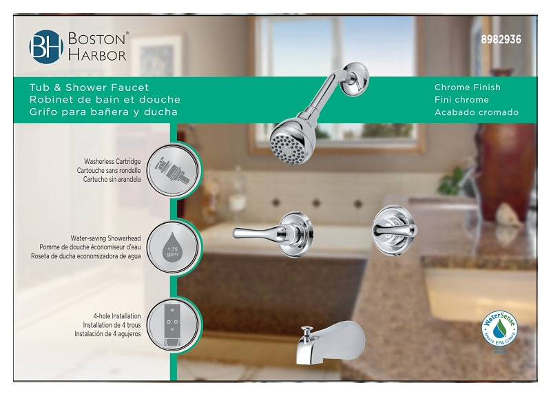 Boston Harbor F2014501CP Tub/Shower, Fixed-Mount Showerhead, 1.75 gpm Showerhead, 1-Spray Setting, Zinc Tub Tub Spout