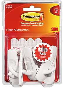 Command 17001-VP-6PK Utility Hook, 7/8 in Opening, 3 lb, 6 -Hook, Plastic, White