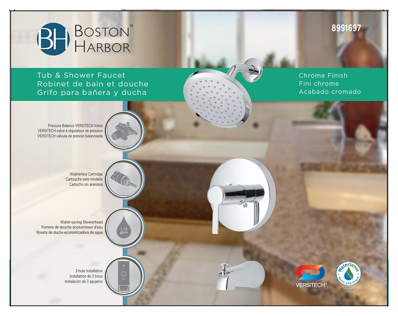Boston Harbor F1A1F507CP Tub/Shower, Fixed-Mount Showerhead, 1.75 gpm Showerhead, 1-Spray Setting, Zinc Tub Tub Spout