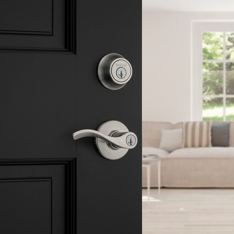 Kwikset 96900-420 Deadbolt Security Set, Keyed Entry Lock, Lever Handle, Balboa Design, Satin Nickel, Turn Piece, Zinc