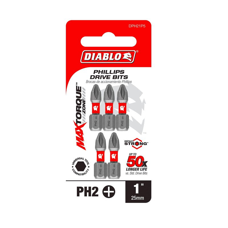 Diablo DPH21P5 Screwdriver Insert Bit, #2 Drive, Phillips Drive, 1 in L, 5/PK_