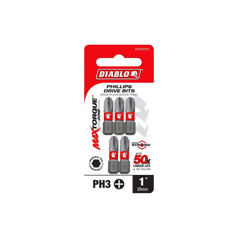 Diablo DPH31P5 Drive Bit, #3 Drive, Phillips Drive, 1/4 in Shank, Hex Shank, 1 in L