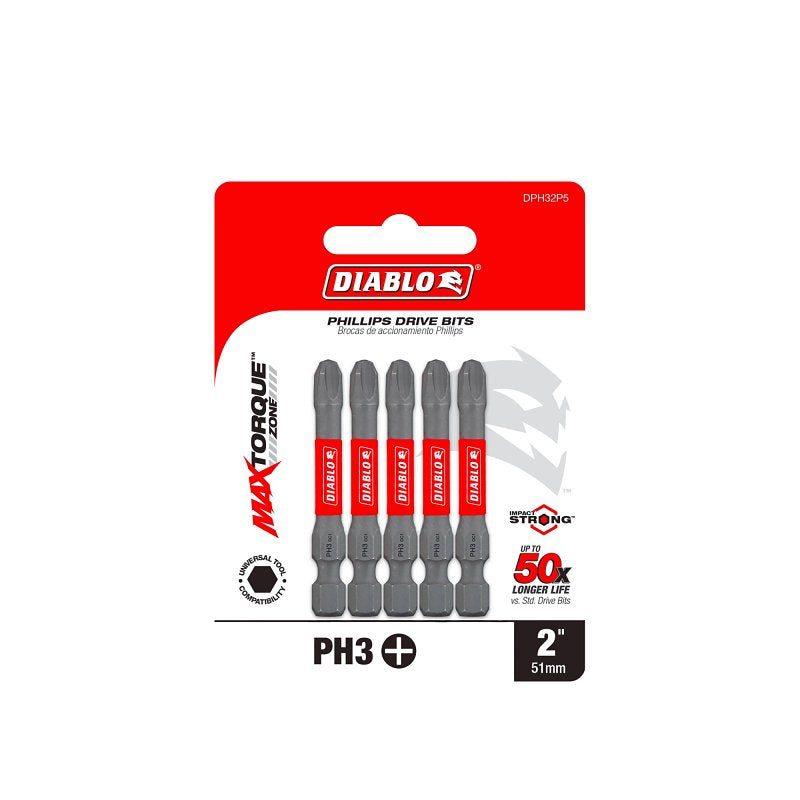 Diablo DPH32P5 Drive Bit, #3 Drive, Phillips Drive, 1/4 in Shank, Hex Shank, 2 in L, HSS