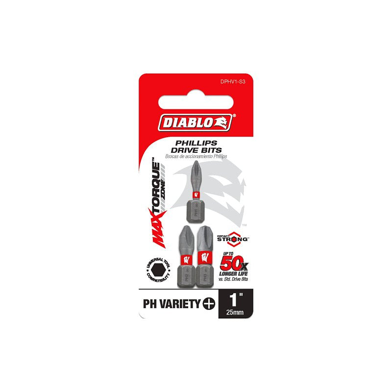 Diablo DPHV1-S3 Insert Bit Set, 3-Piece, Includes: #1, #2 and #3 Phillips Drive Bit