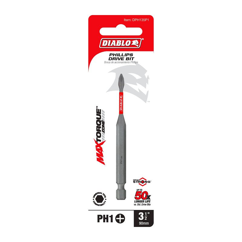 Diablo DPH235P1 Drive Bit, #2 Drive, Phillips Drive, 1/4 in Shank, Hex Shank, 3-1/2 in L
