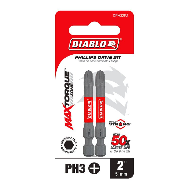 Diablo DPH32P2 Drive Bit, #3 Drive, Phillips Drive, 1/4 in Shank, Hex Shank, 2 in L