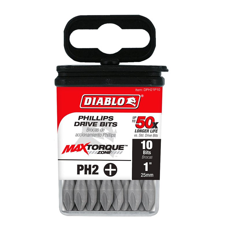Diablo DPH21P10 Drive Bit, #2 Drive, Phillips Drive, 1/4 in Shank, Hex Shank, 1 in L