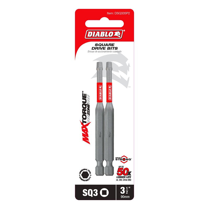 Diablo DSQ335P2 Drive Bit, #3 Drive, Square Drive, 1/4 in Shank, Hex Shank, 3-1/2 in L