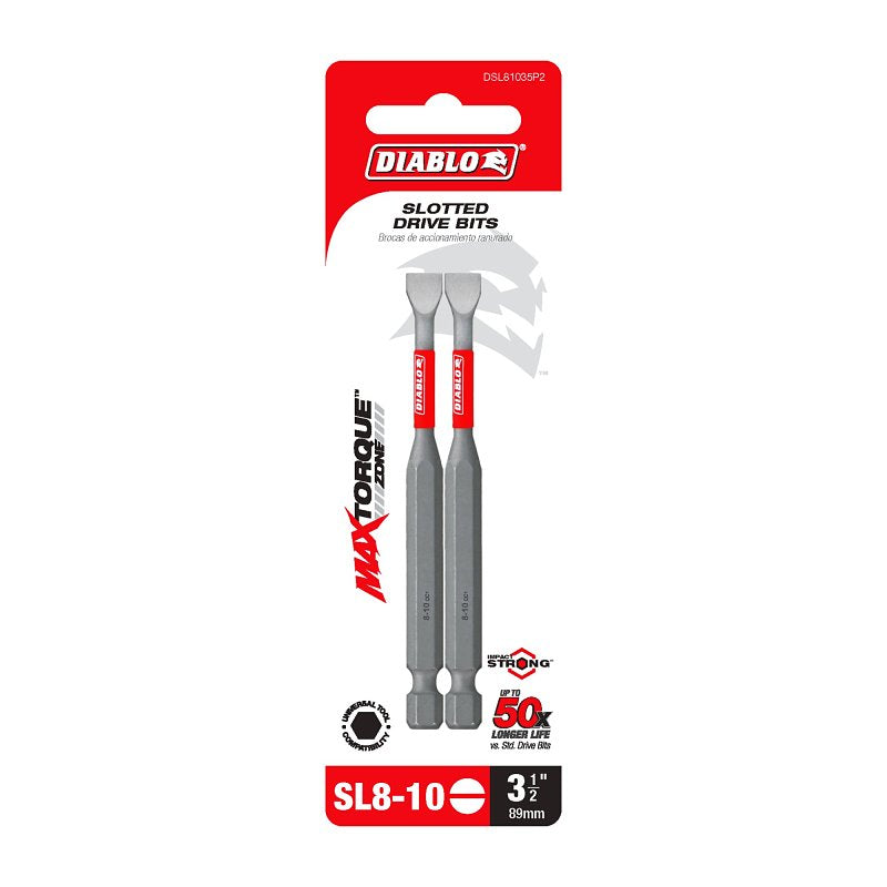 Diablo DSL81035P2 Drive Bit, #8 to 10 Drive, Slotted Drive, 1/4 in Shank, Hex Shank, 3-1/2 in L