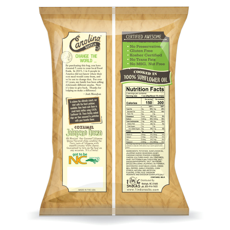 1 in 6 Snacks Carolina Cozumel Jalapeno Queso Kettle Cooked Potato Chips 2 oz Bagged, Pack of 20