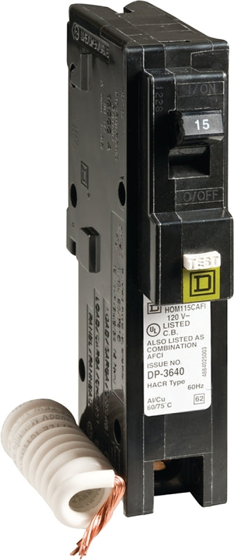 Square D HOM115CAFIC Circuit Breaker, AFCI, Combination, 15 A, 1 -Pole, 120 V, Fixed Trip, Plug Mounting