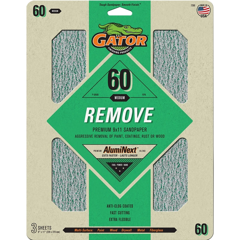 Gator AlumiNext 7260 Sanding Sheet, 11 in L, 9 in W, 60 Grit, Coarse, Aluminum Oxide Abrasive