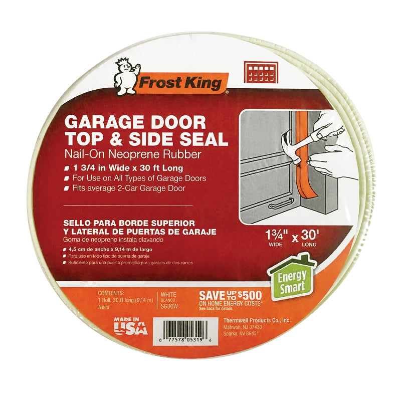 Frost King SG30WH Garage Door Seal Kit, 1-3/4 in W, 3/16 in Thick, 30 ft L, Vinyl, White