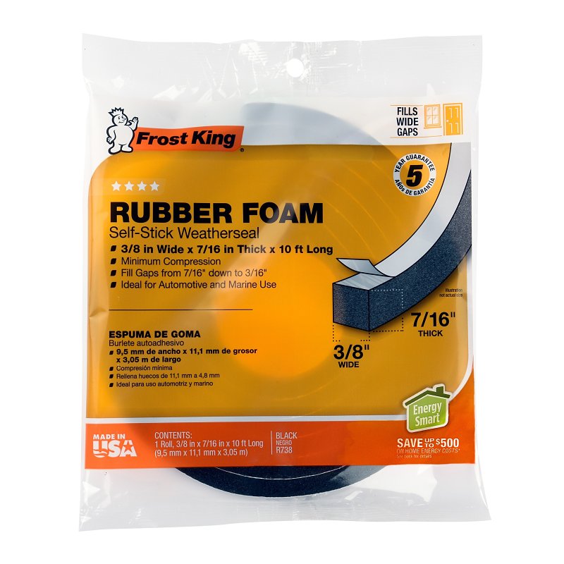 Frost King R738H Weatherseal Tape, 3/8 in W, 10 ft L, 7/16 in Thick, Rubber Foam, Black