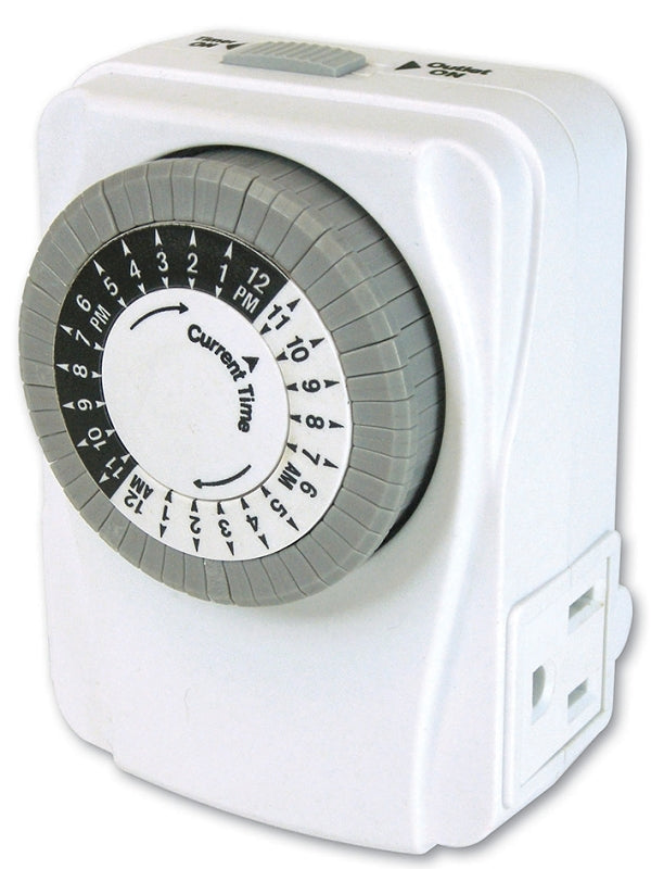 PowerZone TNI2423 Electromechanical Timer, 15 A, 125 V, 1875 W, 2-Outlet, 24 hr Time Setting, White