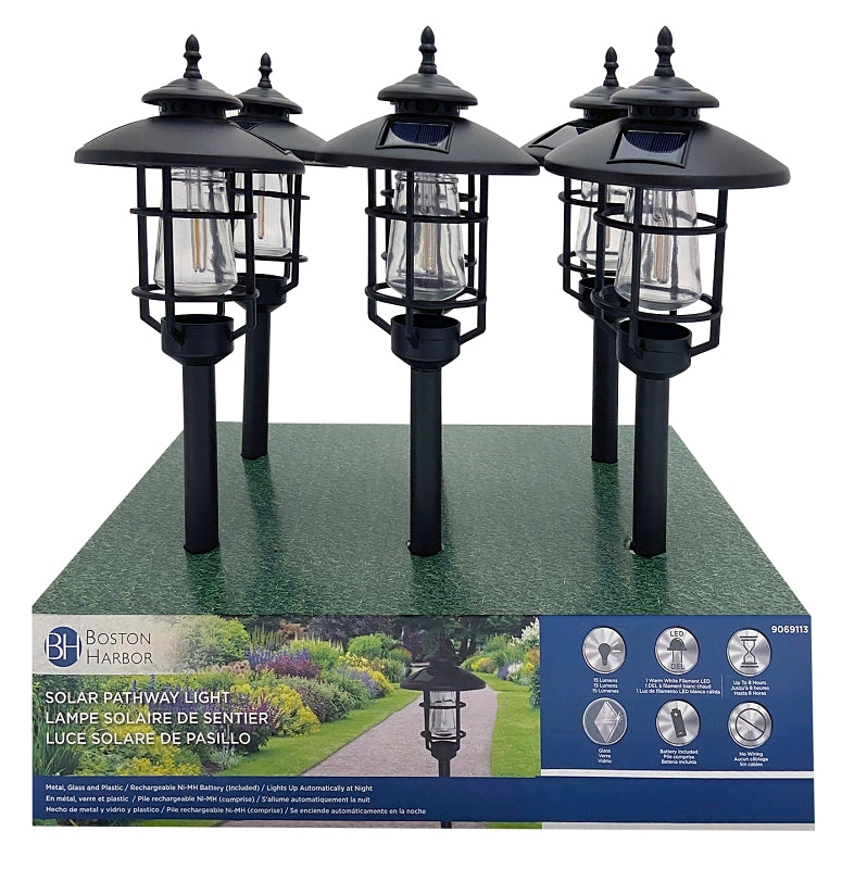 Boston Harbor 26074 Solar Stake Light w/LED Filament, NI-Mh Battery, AA Battery, 1-Lamp, Black, Battery Included: Yes, Pack of 6