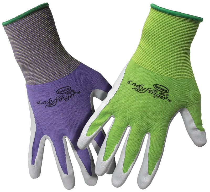 Boss LADYFINGER 8438XS Coated Gloves, Women's, XS, Nitrile Coating, Nylon Glove, Green/Pink/Purple