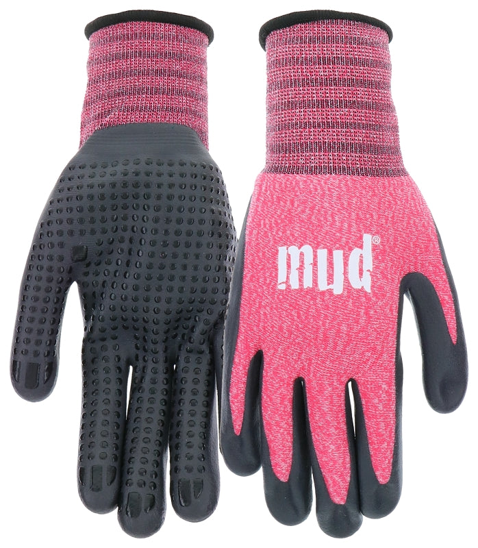 Mud MD31011W-W-SM Coated Gloves, Women's, S/M, 9 in L, Knit Wrist Cuff, Nitrile Coating, Nylon, Pink/Watermelon