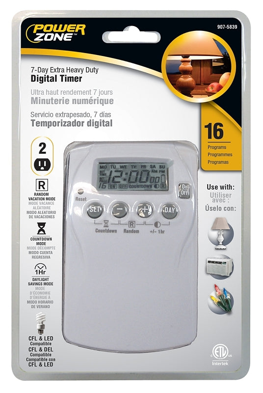 PowerZone TNDHD002 Digital Timer, 15 A, 125 V, 1875 W, 2-Outlet, 7 days Time Setting, White