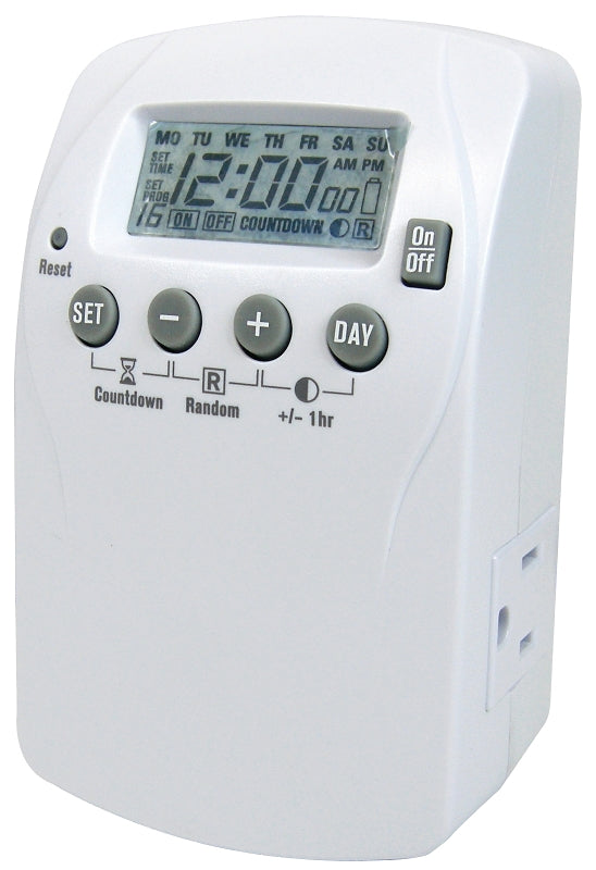 PowerZone TNDHD002 Digital Timer, 15 A, 125 V, 1875 W, 2-Outlet, 7 days Time Setting, White